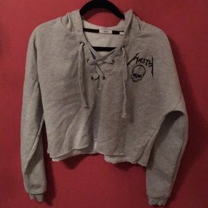 grey cropped hoodie with cross v-neck